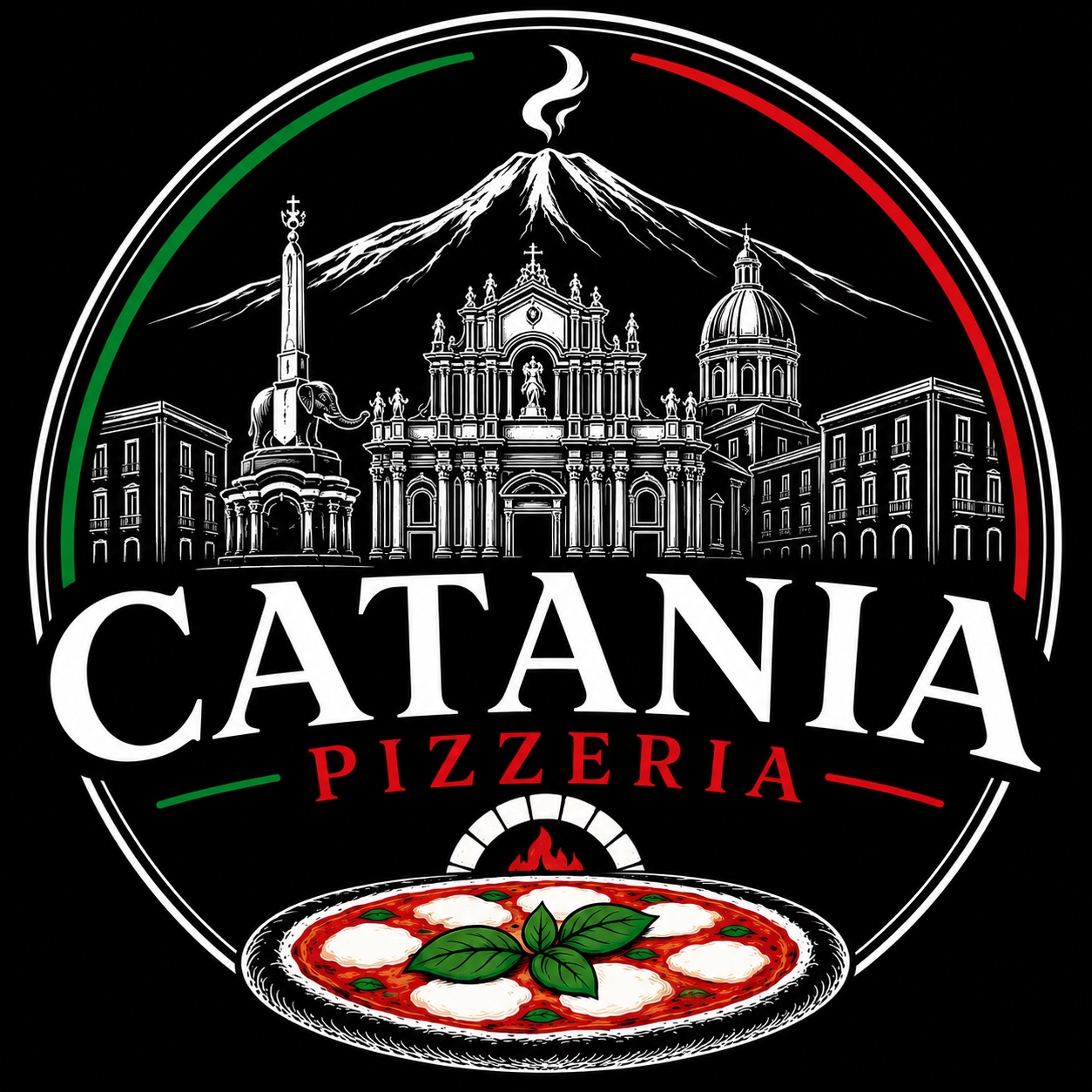 Pizzeria Catania – Logo mit Ätna, der Stadt Catania und einer Pizza